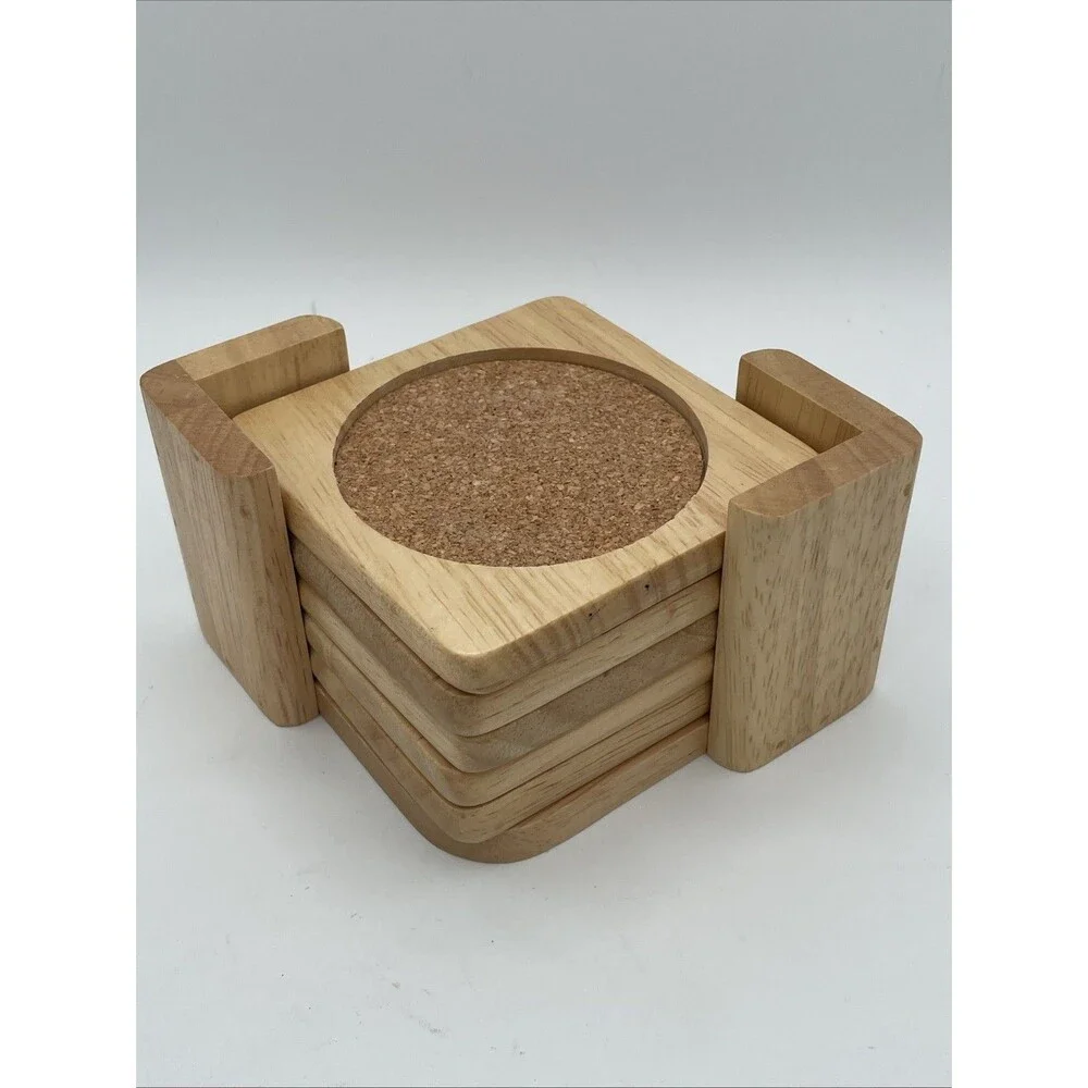 Set Of 5 MCM Vintage Light Wood Drink Coaster Set with Holder CORK TAIWAN